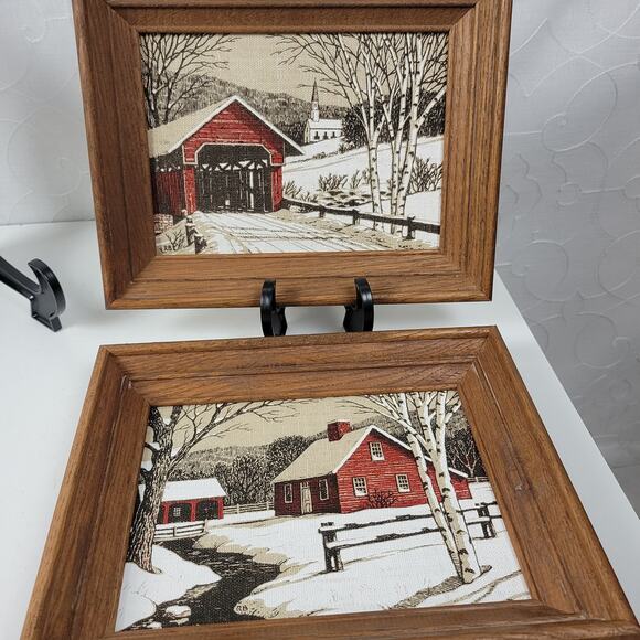 Vintage Linen Needlepoint Framed Covered Bridge And Farm House Winter Scene - Picture 2 of 14